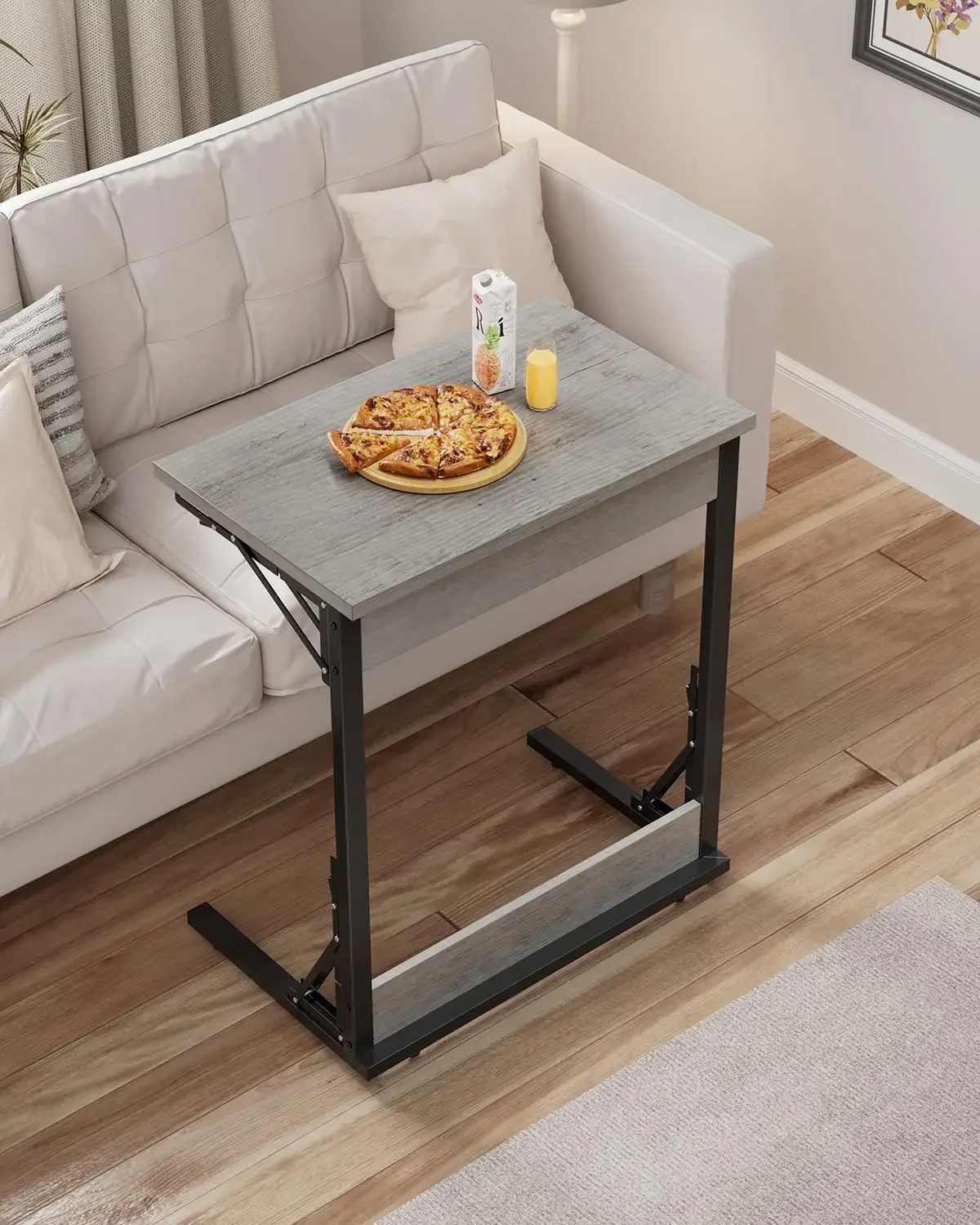 24" Wide Folding C-Shaped End Table, Small Side Desk for Couch, Sofa TV Tray Table with Metal Frame for Living Room, Bedroom - Image 2