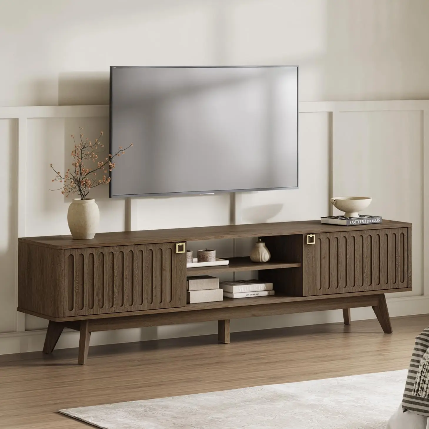 70" Long TV Stand for Living Room, Modern TV Stand Entertainment Center with 2 Storage Cabinets, Mid Century, Customized