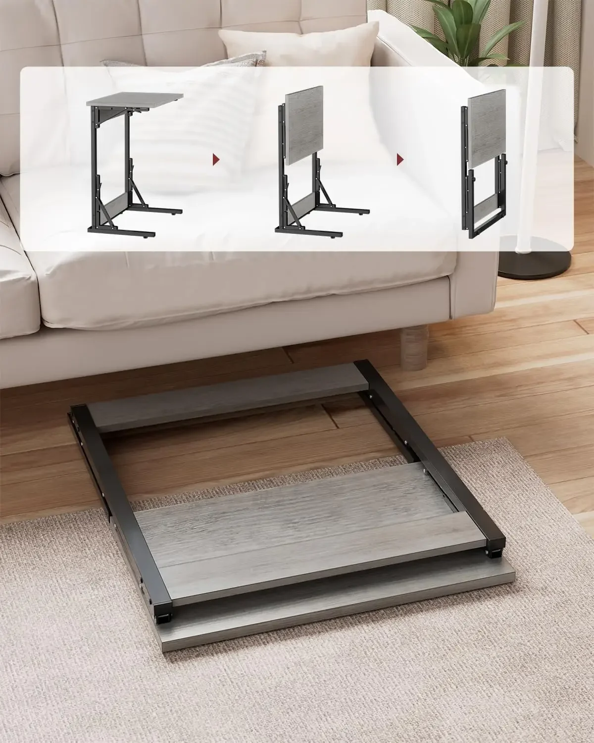 24" Wide Folding C-Shaped End Table, Small Side Desk for Couch, Sofa TV Tray Table with Metal Frame for Living Room, Bedroom - Image 6