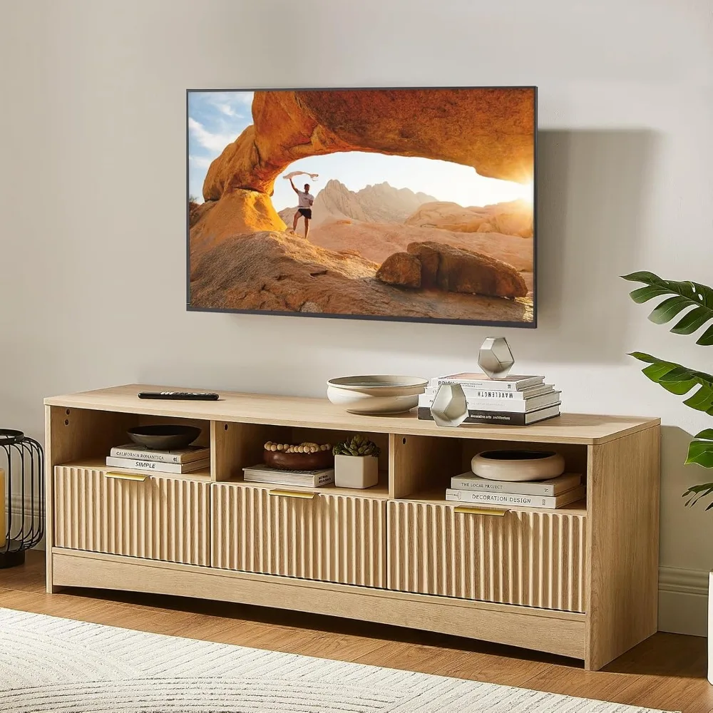 TV Stand for 50-65" TV, Fluted Modern Stand Entertainment Center with Drawers and Open Shelf, Waveform Panel,Customized