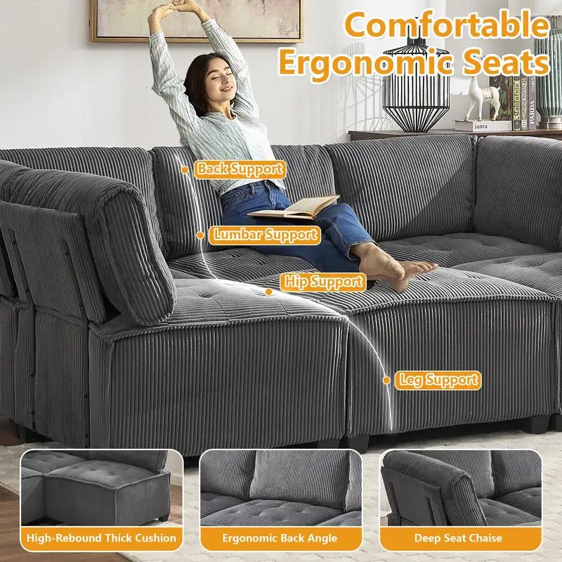 Modular Sectional Sofa U-Shaped Couch with Reversible Chaise, 6-Seat Convertible Design for Living Room - Image 4