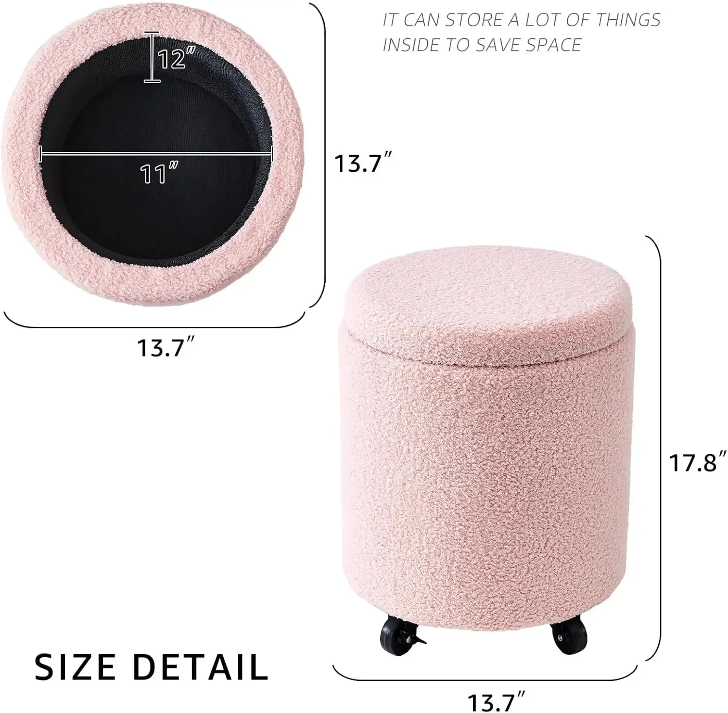 Storage Ottoman Foot Rest Round Footstool Teddy Velvet Footrest Multifunctional Rolling Stool Coffee Table Ottoman with Wheels V - Image 3