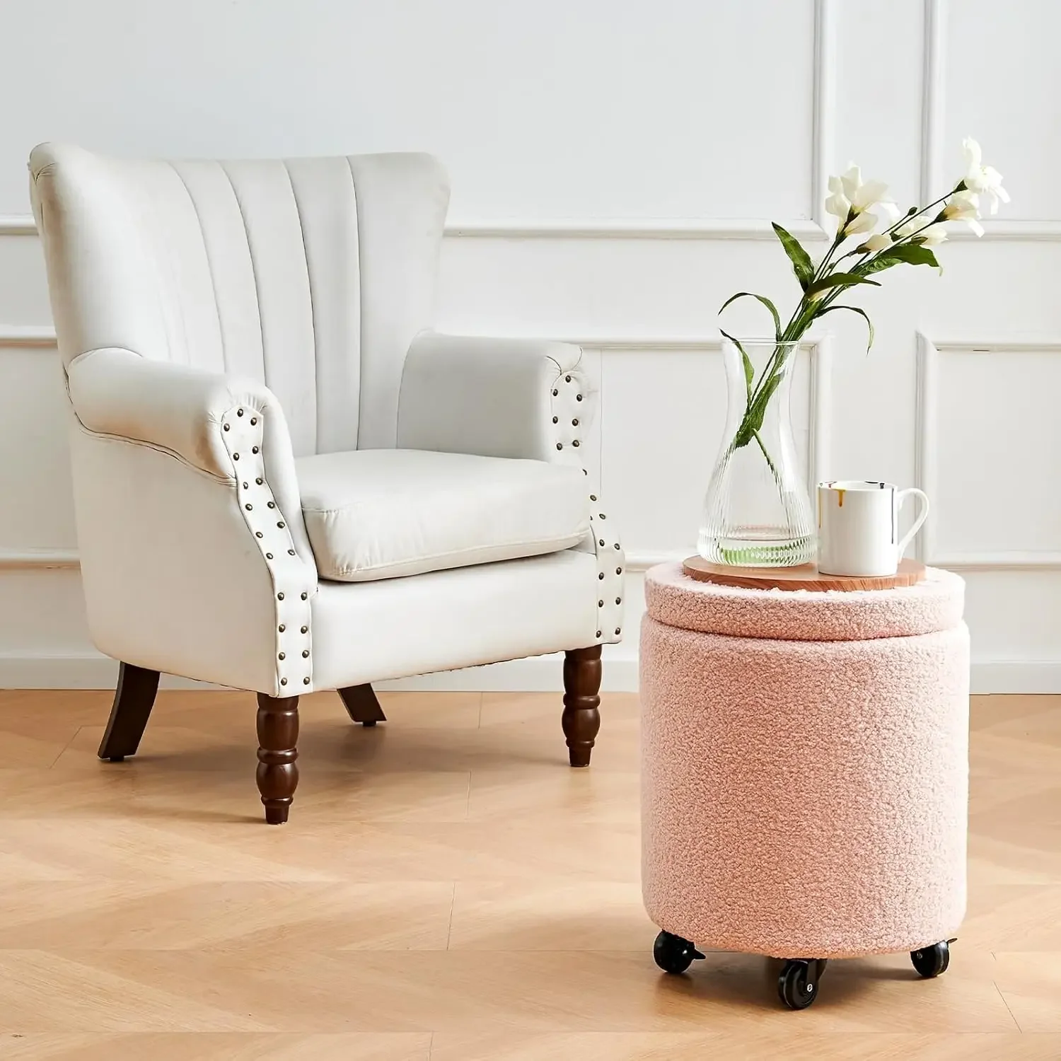 Storage Ottoman Foot Rest Round Footstool Teddy Velvet Footrest Multifunctional Rolling Stool Coffee Table Ottoman with Wheels V - Image 4