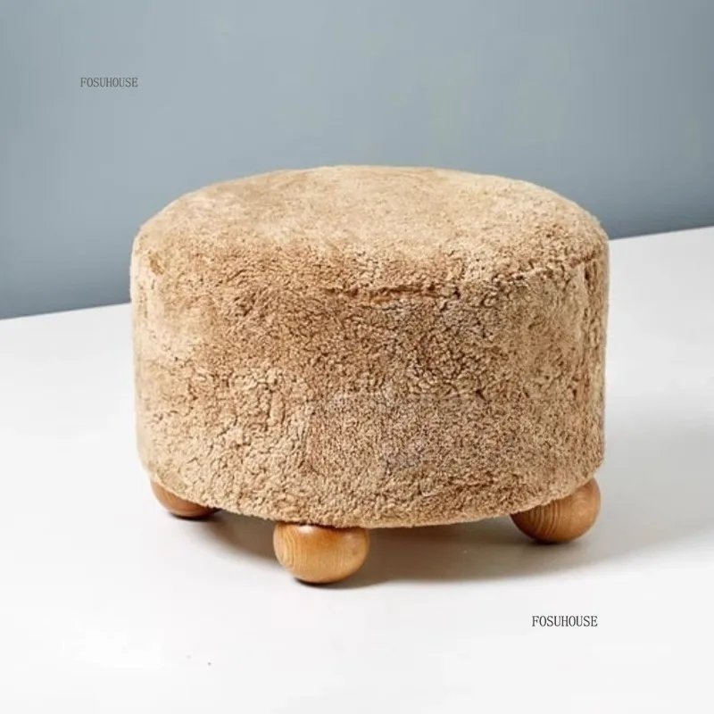 Medieval Cream Lamb Wool Low Ottomans French Fabric Shoe Changing Stool Designer Home Sofa Stools Bedroom Dressing Stool - Image 4