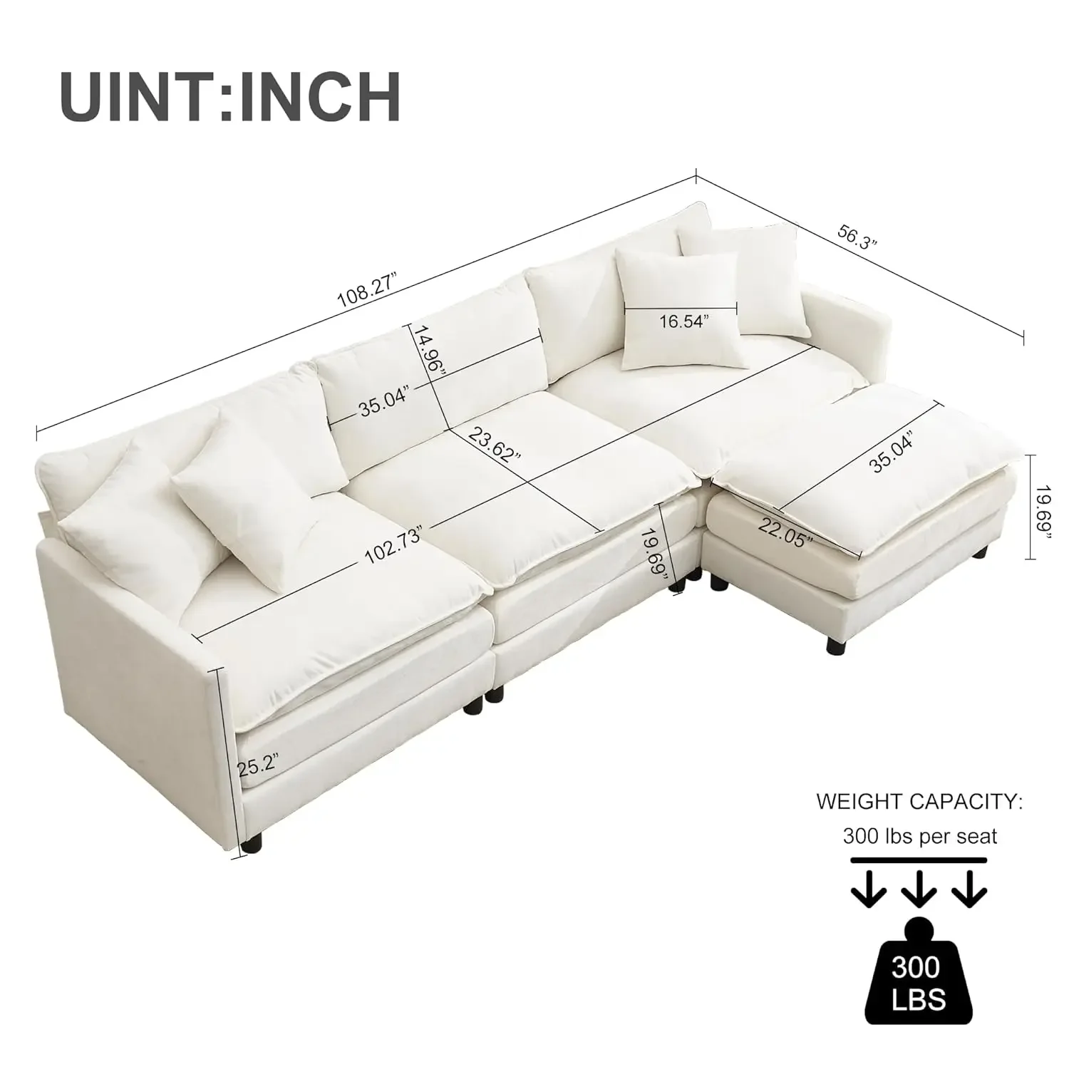108" Cloud Sectional Couches for Living Room,Convertible L-Shape Couch with Ottoman,3 Seater Modular Sectional Sofa, Customized - Image 2