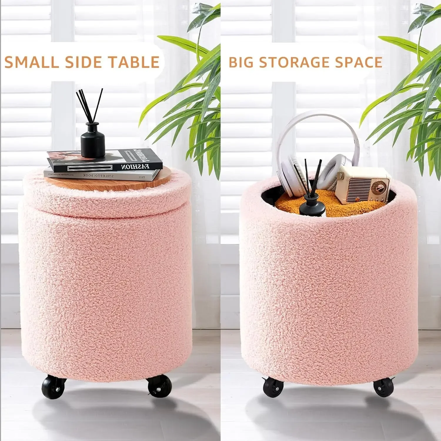 Storage Ottoman Foot Rest Round Footstool Teddy Velvet Footrest Multifunctional Rolling Stool Coffee Table Ottoman with Wheels V - Image 5