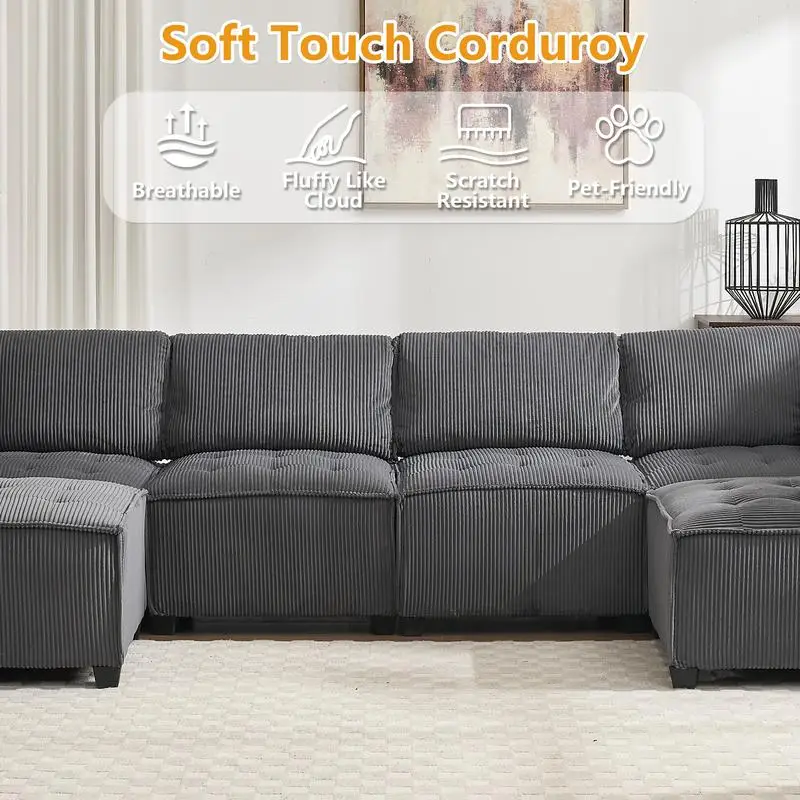 Modular Sectional Sofa U-Shaped Couch with Reversible Chaise, 6-Seat Convertible Design for Living Room - Image 6