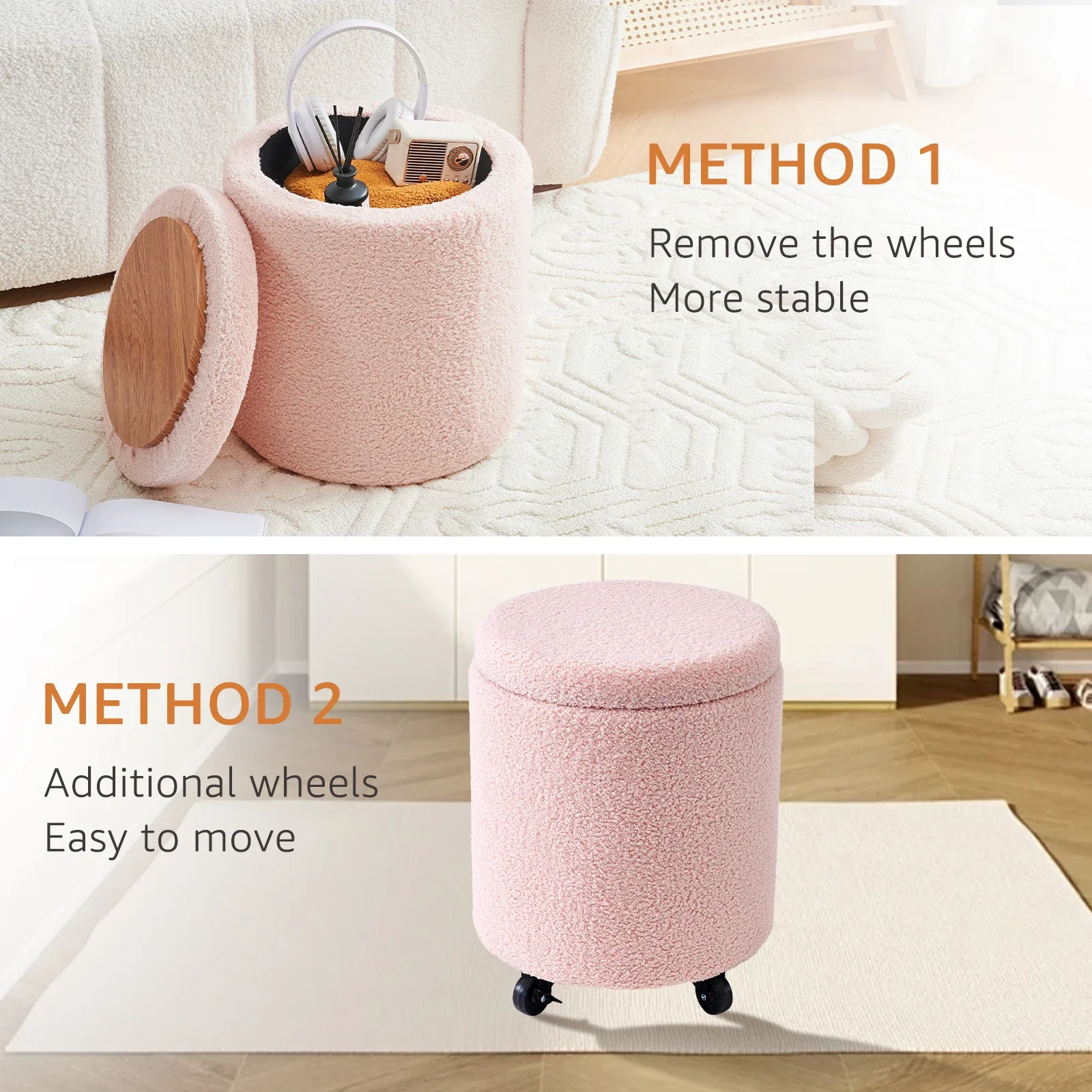 Storage Ottoman Foot Rest Round Footstool Teddy Velvet Footrest Multifunctional Rolling Stool Coffee Table Ottoman with Wheels V - Image 6