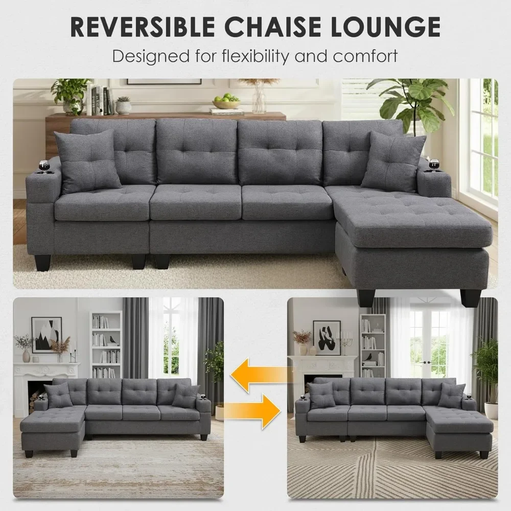 Sectional Sofa Couch, Modern 4-Seaters Living Room Furniture Sets with Reversible Chaise Lounge & 2 Pillows L Shape Couch - Image 3