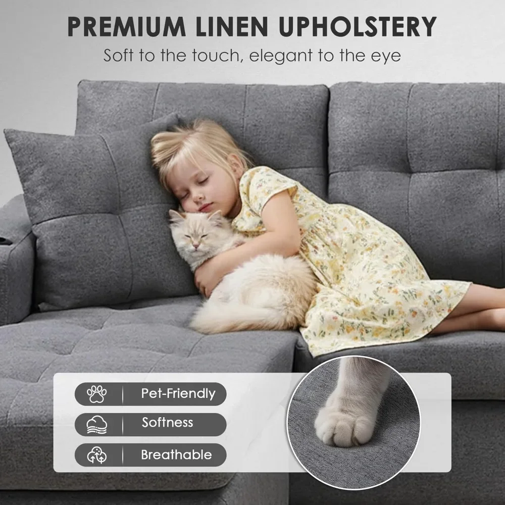 Sectional Sofa Couch, Modern 4-Seaters Living Room Furniture Sets with Reversible Chaise Lounge & 2 Pillows L Shape Couch - Image 5