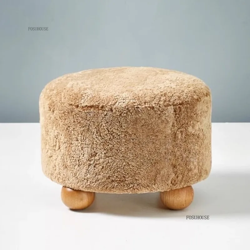 Medieval Cream Lamb Wool Low Ottomans French Fabric Shoe Changing Stool Designer Home Sofa Stools Bedroom Dressing Stool - Image 3