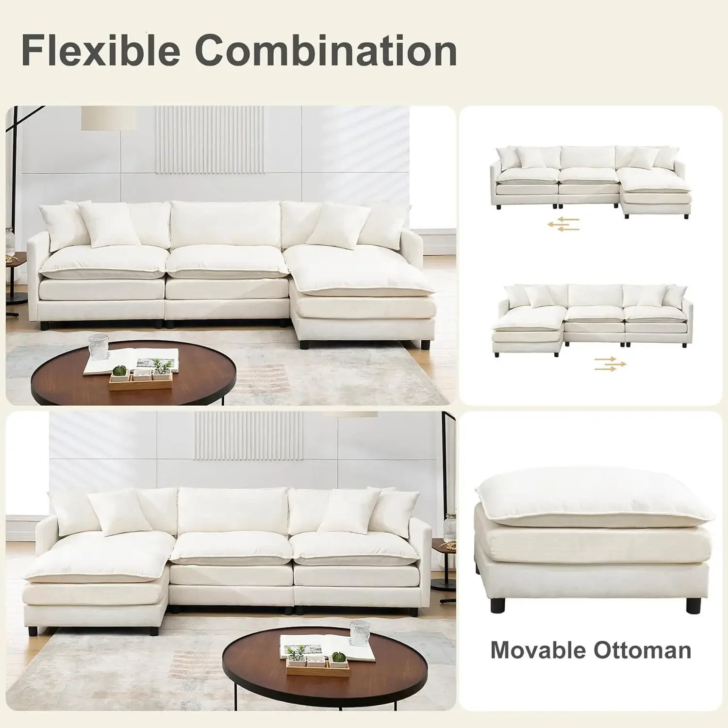 108" Cloud Sectional Couches for Living Room,Convertible L-Shape Couch with Ottoman,3 Seater Modular Sectional Sofa, Customized - Image 6