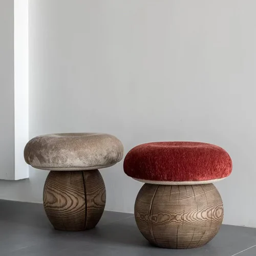 Natural Wood Mushroom Stool Round Ottoman for Living Room Handcrafted Solid Wood Entryway Bench Minimalist Shoe Stool for Decor