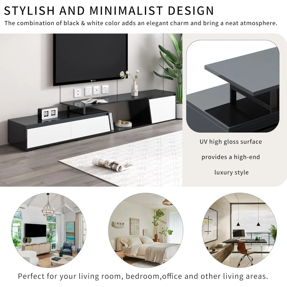TV Stand for TVs up to 100 Inches, Minimalist Rectangle Extendable TV Console with 2 Drawers and 1 Cabinet, Entertainment Center - Image 6