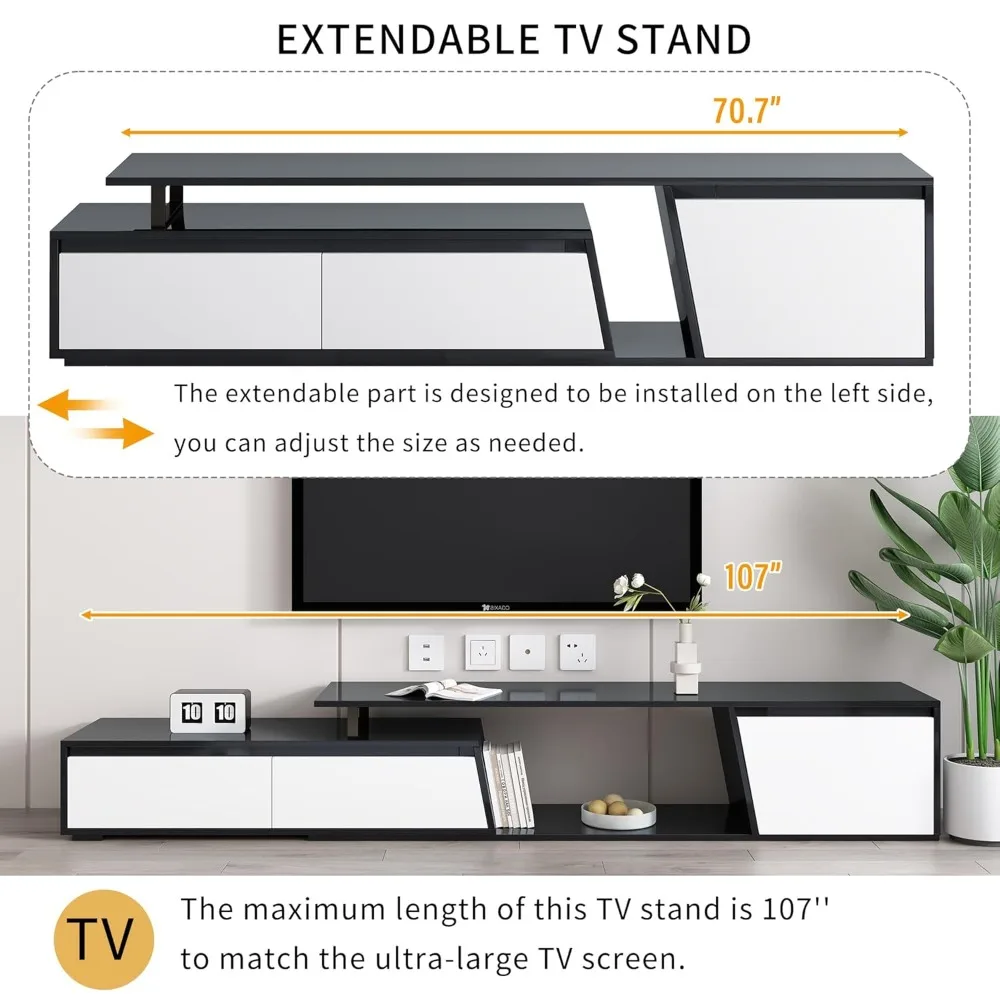 TV Stand for TVs up to 100 Inches, Minimalist Rectangle Extendable TV Console with 2 Drawers and 1 Cabinet, Entertainment Center - Image 4