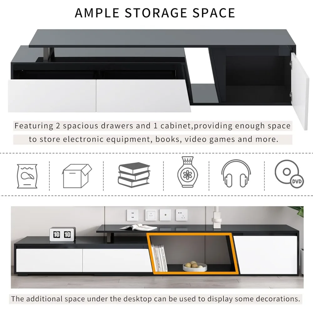 TV Stand for TVs up to 100 Inches, Minimalist Rectangle Extendable TV Console with 2 Drawers and 1 Cabinet, Entertainment Center - Image 3