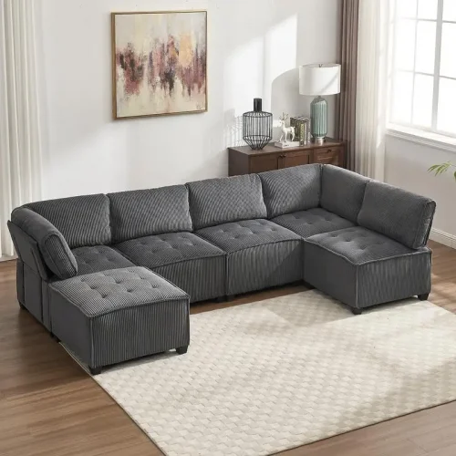 Modular Sectional Sofa U-Shaped Couch with Reversible Chaise, 6-Seat Convertible Design for Living Room