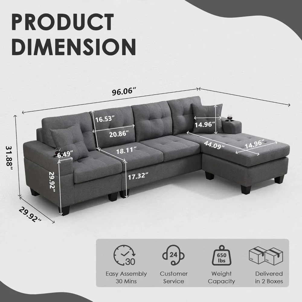 Sectional Sofa Couch, Modern 4-Seaters Living Room Furniture Sets with Reversible Chaise Lounge & 2 Pillows L Shape Couch - Image 2