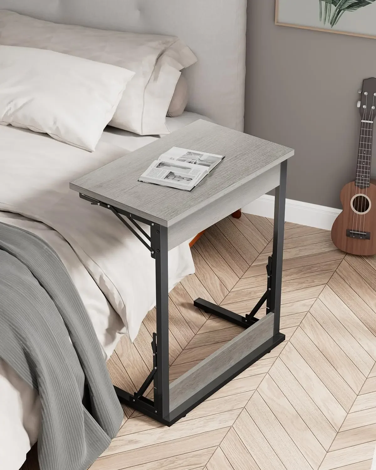 24" Wide Folding C-Shaped End Table, Small Side Desk for Couch, Sofa TV Tray Table with Metal Frame for Living Room, Bedroom - Image 4