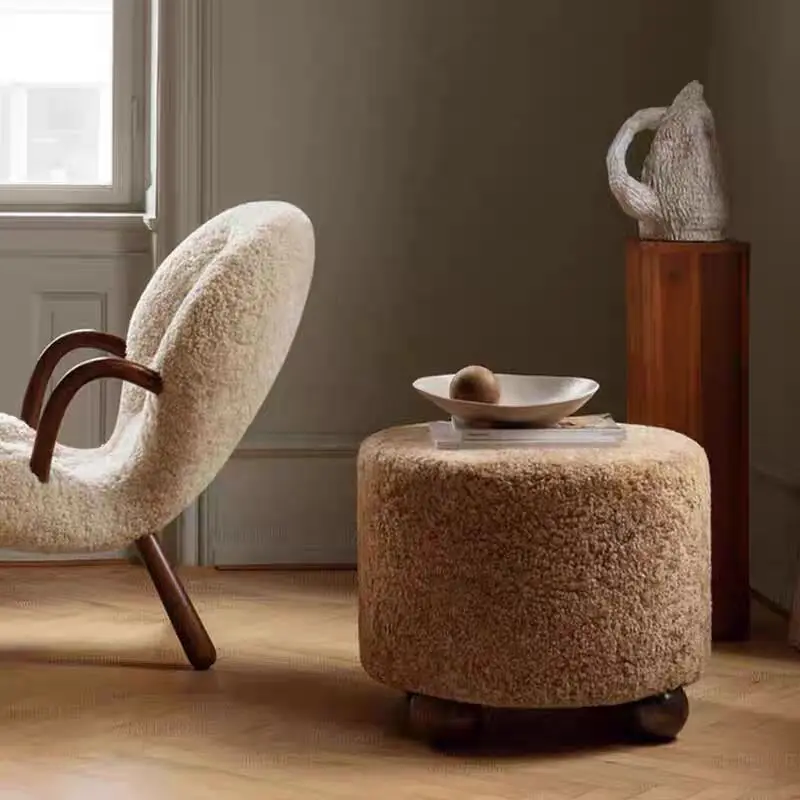 Lamb Wool Low Ottomans Medieval Cream French Fabric Shoe Changing Stool Designer Home Sofa Stools Bedroom Dressing Stool Living - Image 2