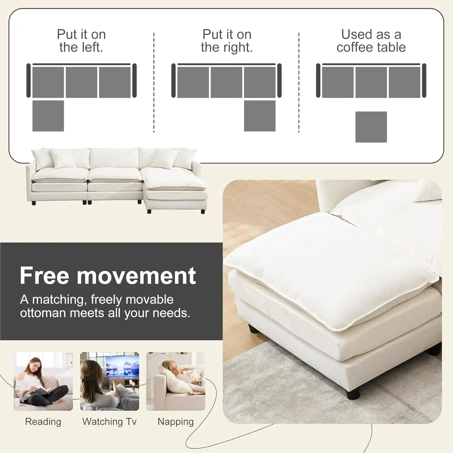 108" Cloud Sectional Couches for Living Room,Convertible L-Shape Couch with Ottoman,3 Seater Modular Sectional Sofa, Customized - Image 5