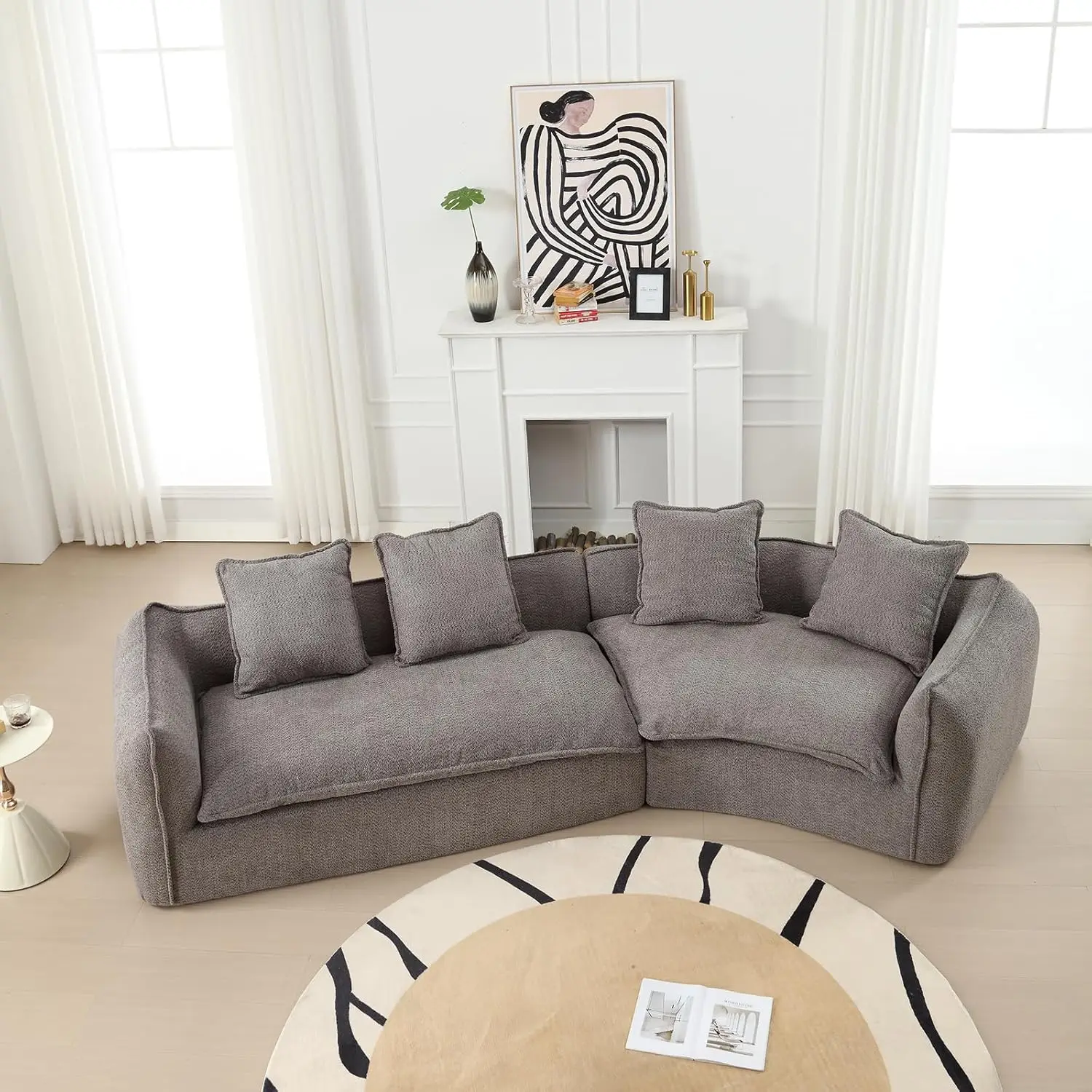 129.9" Modular Sectional Sofa with 4 Throw Pillow, Fabric Modern 5 Seat Round Shaped Convertible Sofa for Living, Customized - Image 5